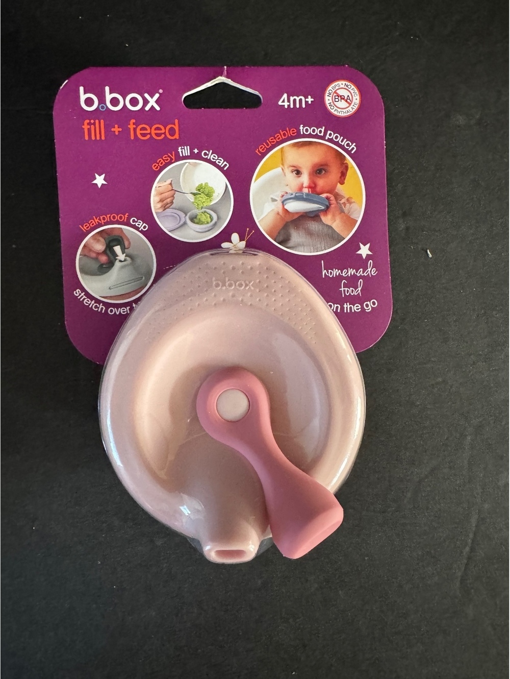 b.box Fill + Feed Reusable Food Pouch with Leakproof Cap and Spoon - Pink